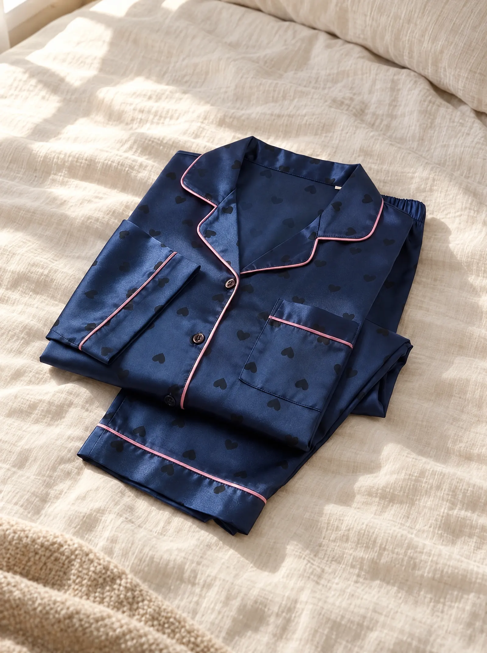 Pijama Clásica Azul con Corazones doblada
