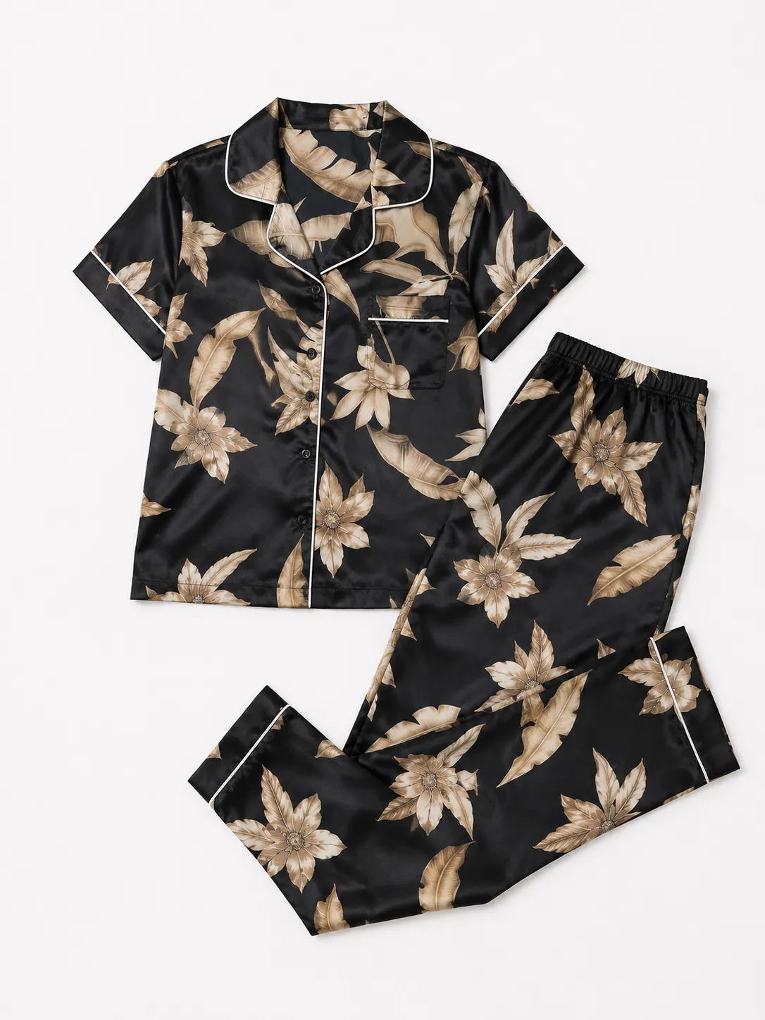 Pijama Satinada Floral extendida en plano, camisa y pantalón